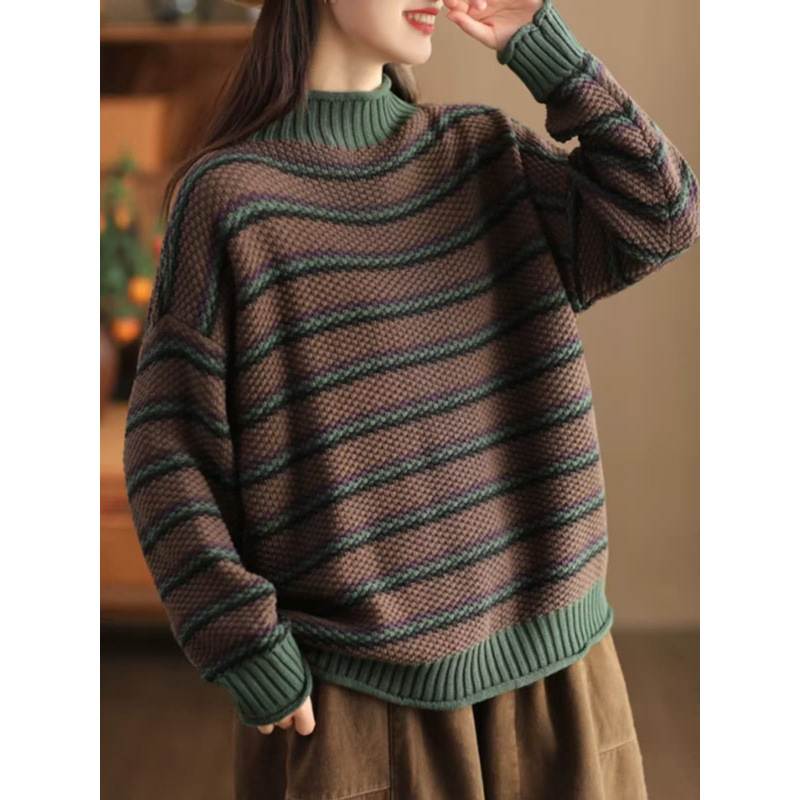 2025 primavera nuevo retro piña jersey de punto suéter de moda de mujer color mosaico doblado jersey de algodón chaqueta artística