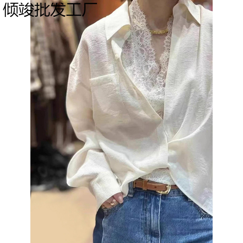 Nanyou 2025 早春スタイルファッショナブルな気質ラペル長袖 + レースベストツーピースシャツトップス女性フレンチスタイル|undefined
