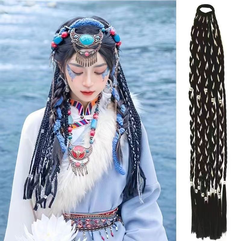 Xizang and Miao Ethnic Style Braided Wig, Dirty Braids, Ponytail, Long Braids, Internet Celebrity Hot Girl Xizang-Style Hair Accessory with Silver Thread Braids