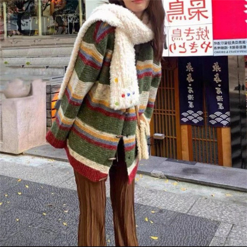 秋冬新款韩版撞色针织衫女宽松慵懒风休闲氛围感中长款彩虹条毛衣|undefined