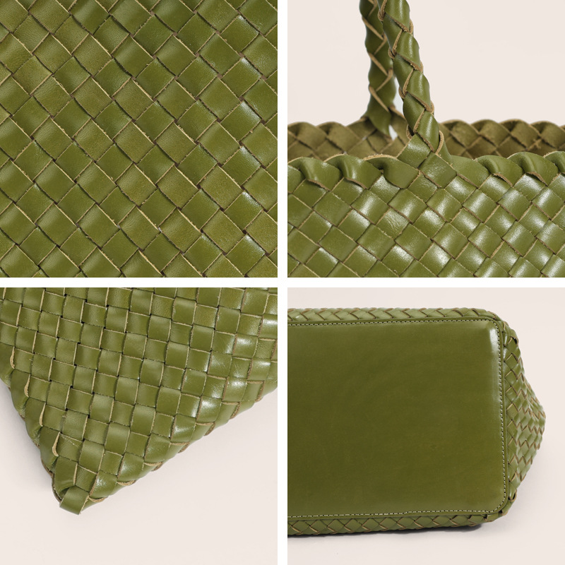 2025 New Genuine Leather Large Capacity Tote Bag For Women Hand-Woven Shoulder Bucket Bag For Travel Vacation And Commuting - Thumbnail 4