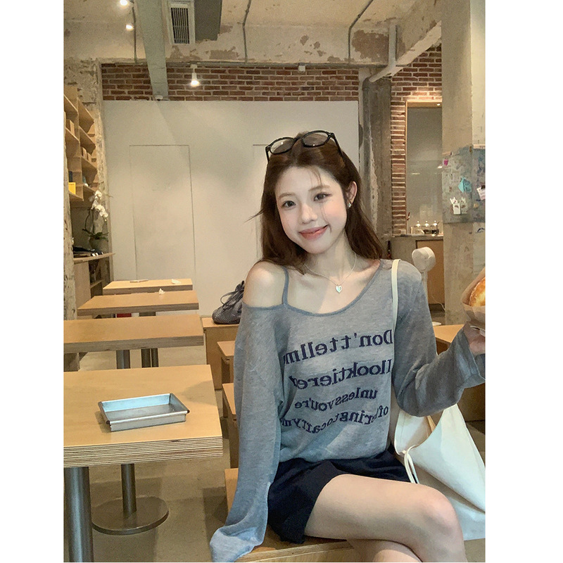 慵懒字母斜肩罩衫长袖T恤女夏甜美宽松显瘦百搭上衣|undefined