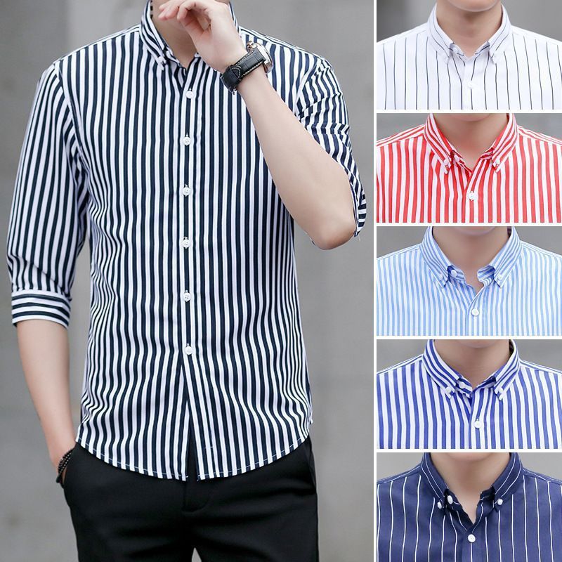 Verano nuevo estilo camisa de manga media para hombre camisa delgada a rayas de todo fósforo camisa delgada de manga corta camisa de pulgadas de siete a cinco mangas de moda para hombre