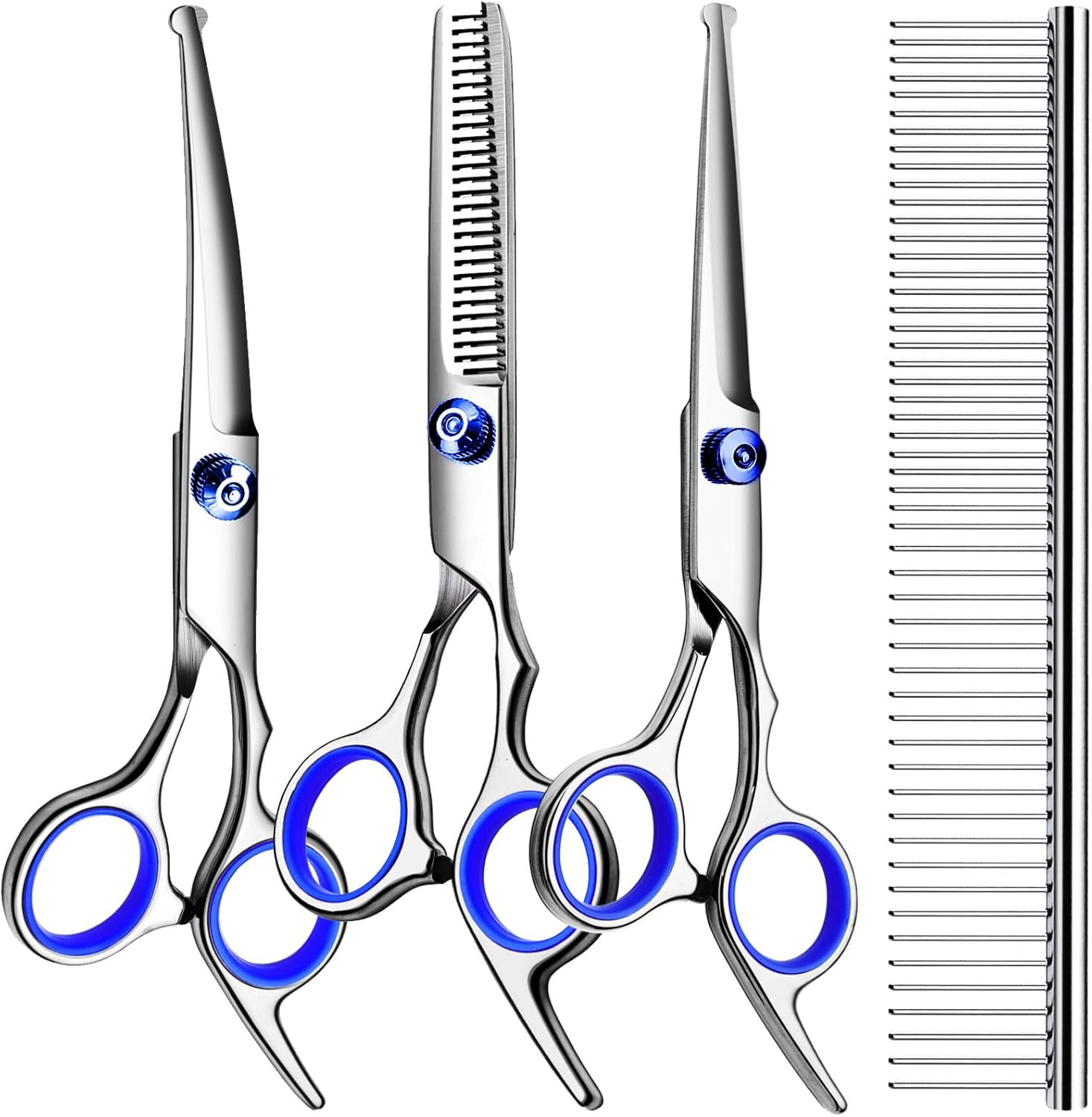 Fish mouth blue screw blue ring-flat scissors + dental scissors + downhill + steel comb