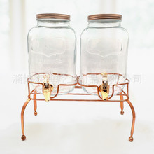 玻璃果汁罐帶龍頭鐵架泡酒瓶 玫瑰金色蓋飲料桶冷飲瓶