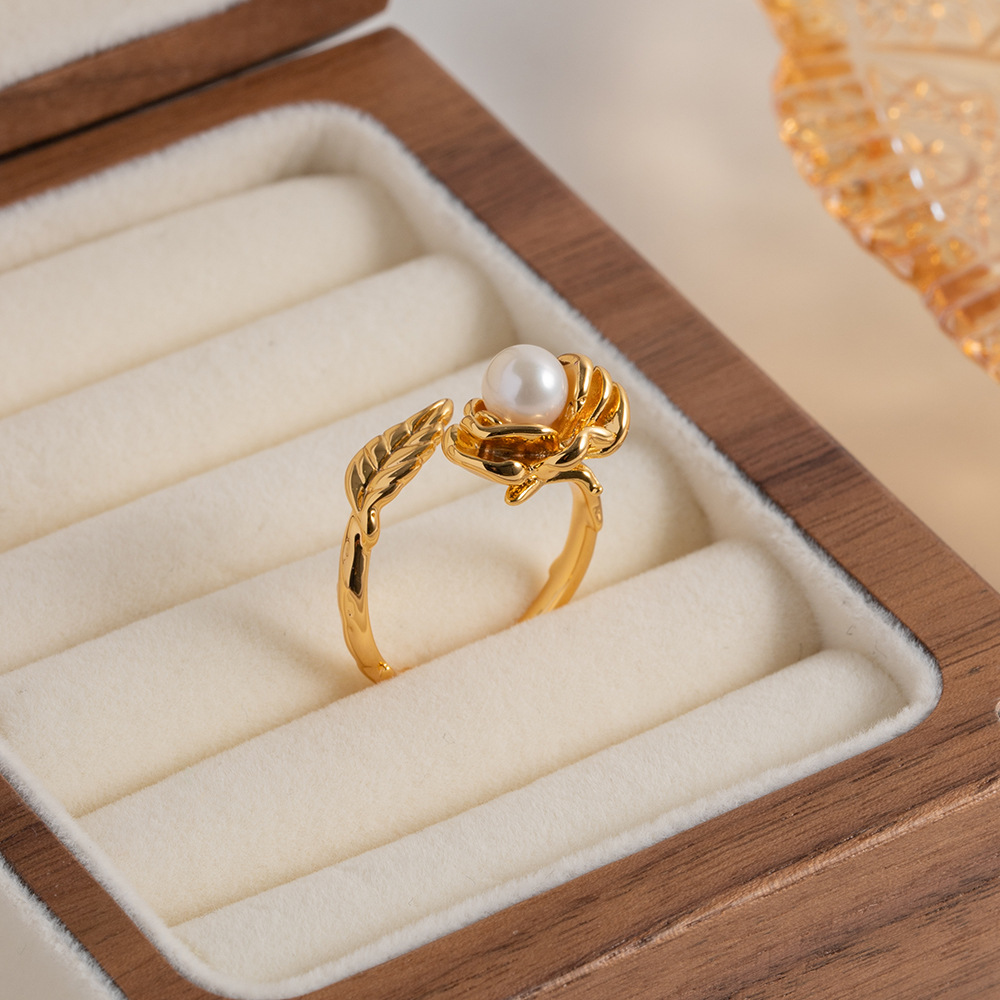 Fashion Flower Copper Plating Inlay Pearl Open Ring 1 Piece