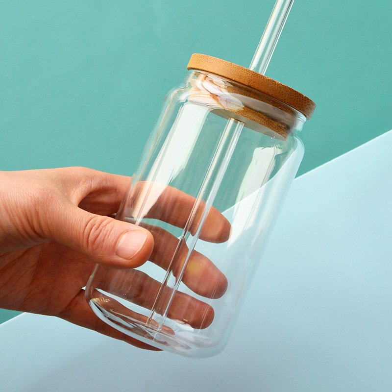 Vaso de vidrio de borosilicato alto con tapa de bambú, vaso transparente con pajita, vaso para bebidas y jugos resistente a altas temperaturas, gran capacidad
