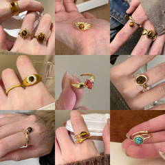 中古ヴィンテージ虎眼石オープンリングリングレトロ気质食指戒小众高级感手饰りアクセサリー女