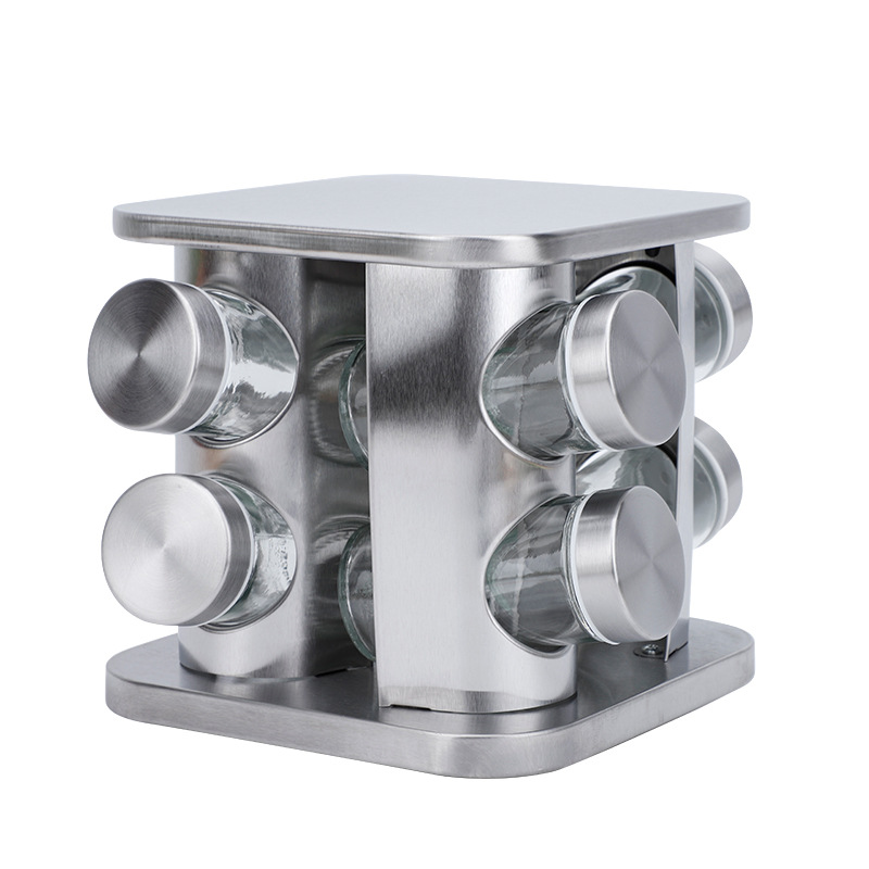 Botella de condimento base giratoria botella de condimento de acero inoxidable 8 combinación traje condimento botella de condimento de vidrio botella de condimento al por mayor