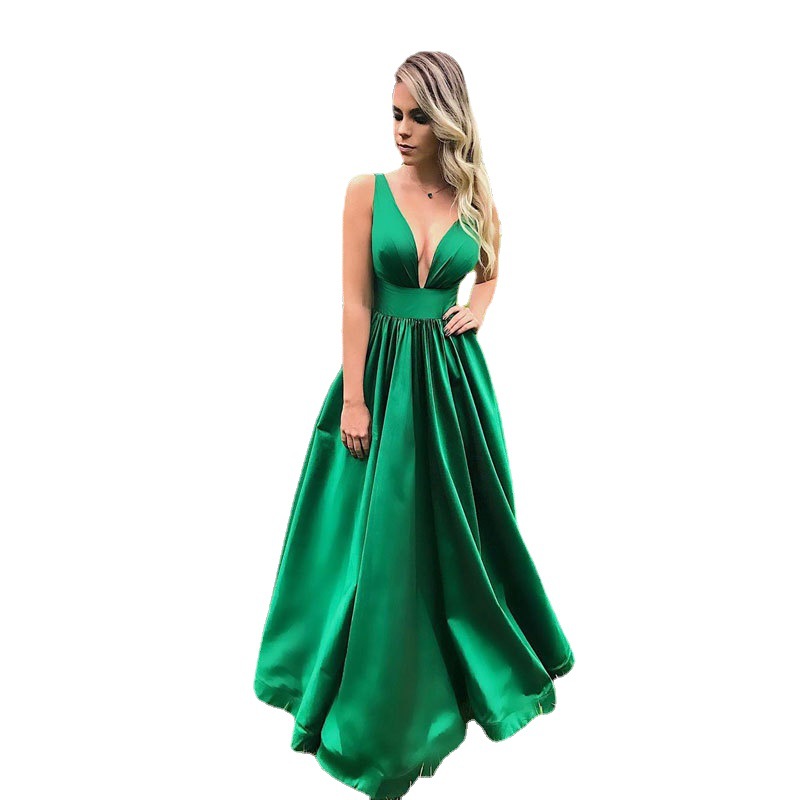 Europa y América del Comercio Exterior Amazon AliExpress deseo nuevo Satén de las mujeres con cuello en V vestido de noche largo adelgazamiento sexy