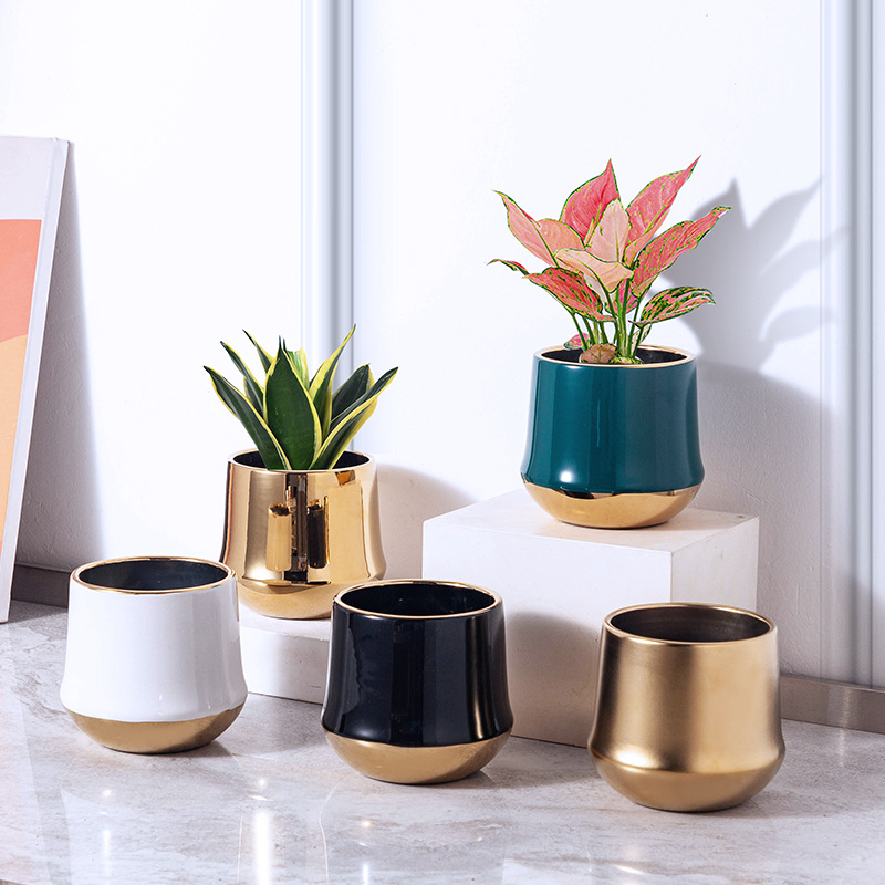 INS electroplated gold ceramic flower pots creative flower arrangement flower pot containers light luxury gold edge dried flowers flower pots art ornaments