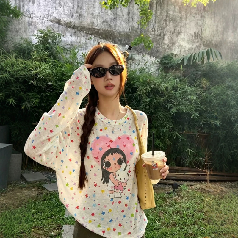 Korean-style star and jade print T-shirt for women, thin, 2026 summer new model, loose-fitting, long-sleeved, slightly transparent, sun-protective top