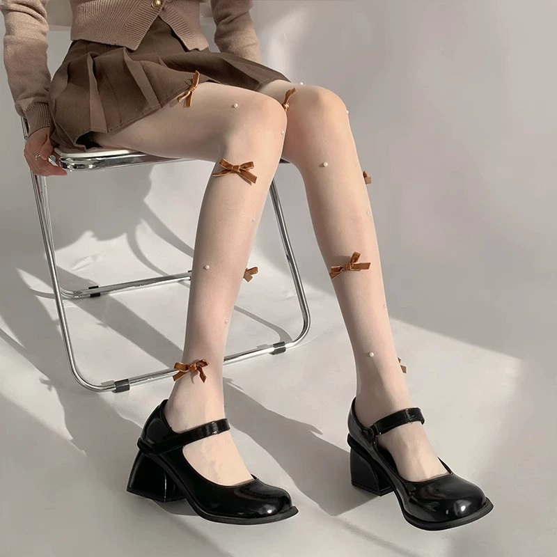 Japanese mint white thin tights with bow