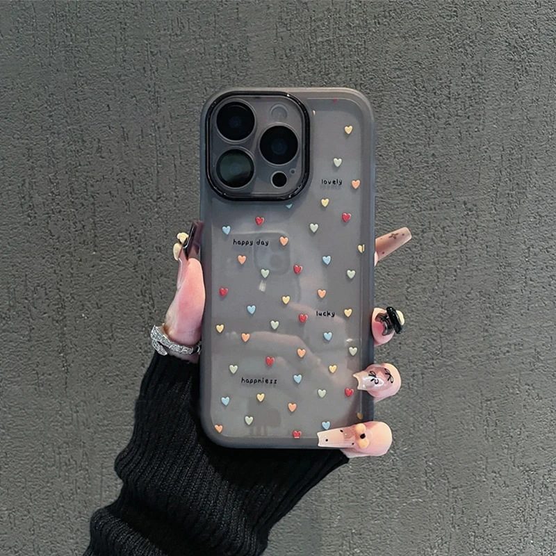 多巴胺小爱心金属镜框适用苹果15/16pro手机壳iPhone14精孔13防摔|undefined