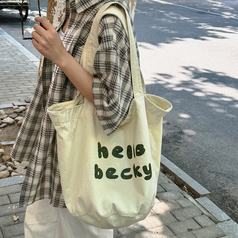 Ins New Canvas Bag Large Capacity Contrasting Letter Tote Bag Simple Casual Student Class Tutoring Shopping Bag