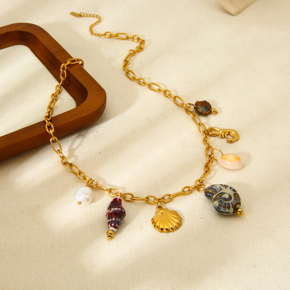 cable chain Chain Type 1 Piece Quantity Wholesale Jewelry Vintage Style Marine Style Scallop Conch Hippocampus 304 Stainless Steel Plating Cable Chain Multi Charms Necklace