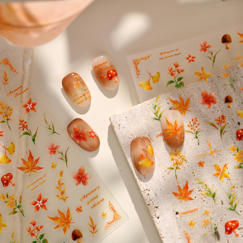 Tensor Autumn and Winter Forest Style Watercolor Plant Nail Art Stickers Ts4252 Artistic Style Maple Leaf Daisy Mushroom Nail Stickers