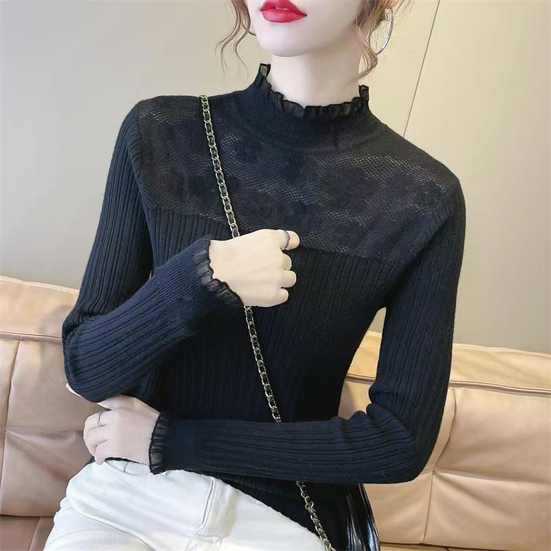 春秋打底衫女2025新款洋蕾丝毛衣针织衫洋气百搭长袖套头上衣纯色|undefined