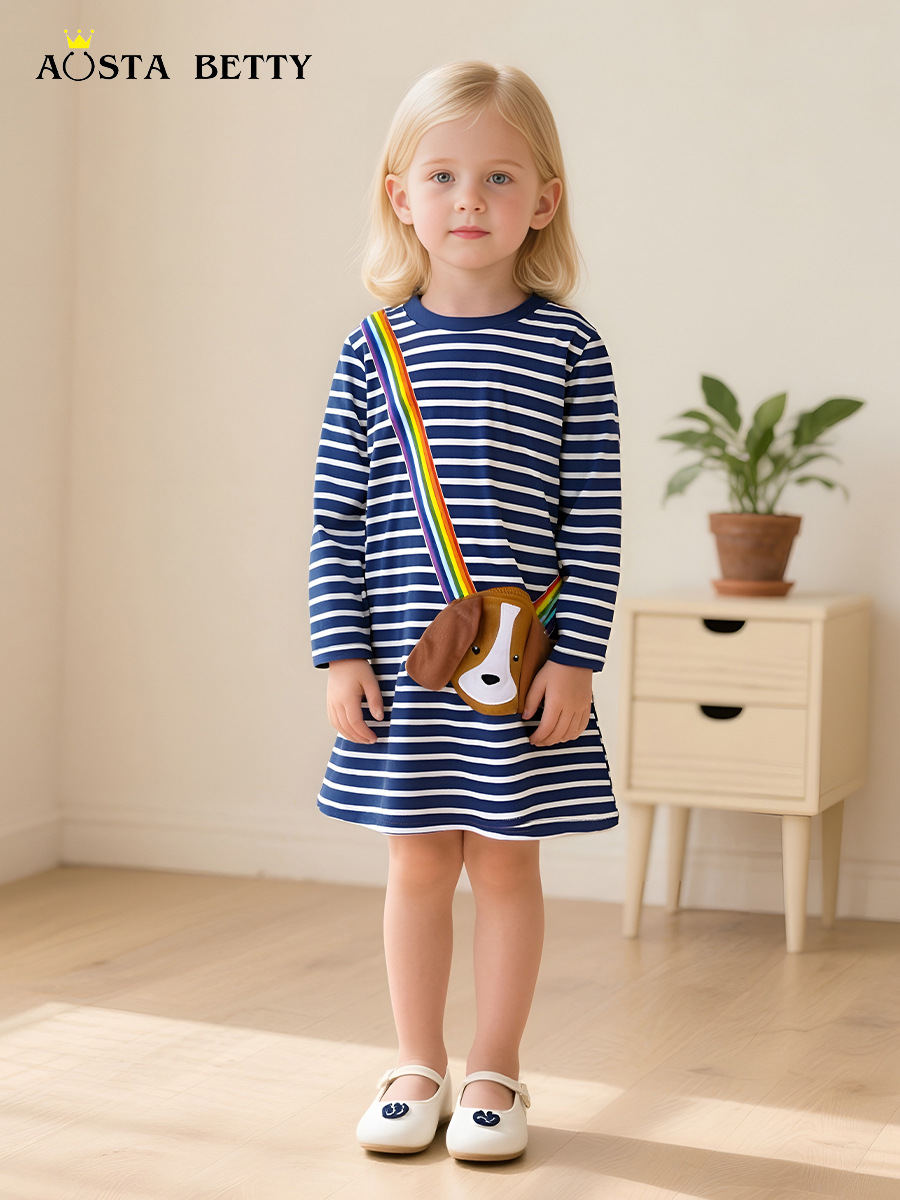 Otoño nuevo estilo vestido de niña parche de moda de estilo europeo y americano vestido de princesa para niños pequeños y medianos cuello redondo a rayas falda de manga larga para niños