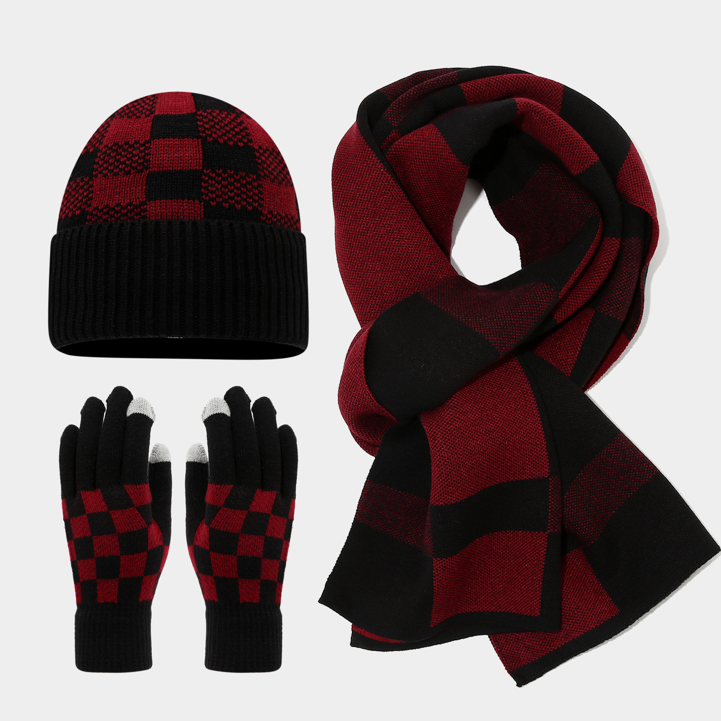 Tablero de ajedrez de malla de lana sombrero bufandas guantes set coreano invierno al aire libre para hombres y mujeres set de calor frío image 7