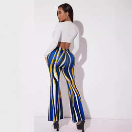 定制2024TEMU热销竖条波浪纹数码印花喇叭脚口紧身打底裤弹力