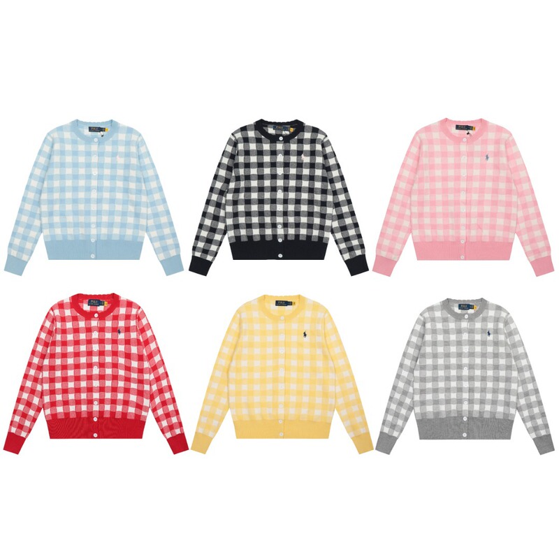 RL Raff Pony Embroidered Plaid Knitted Cardigan Women's Early Autumn New Lace Round Neck Check Top Jacket