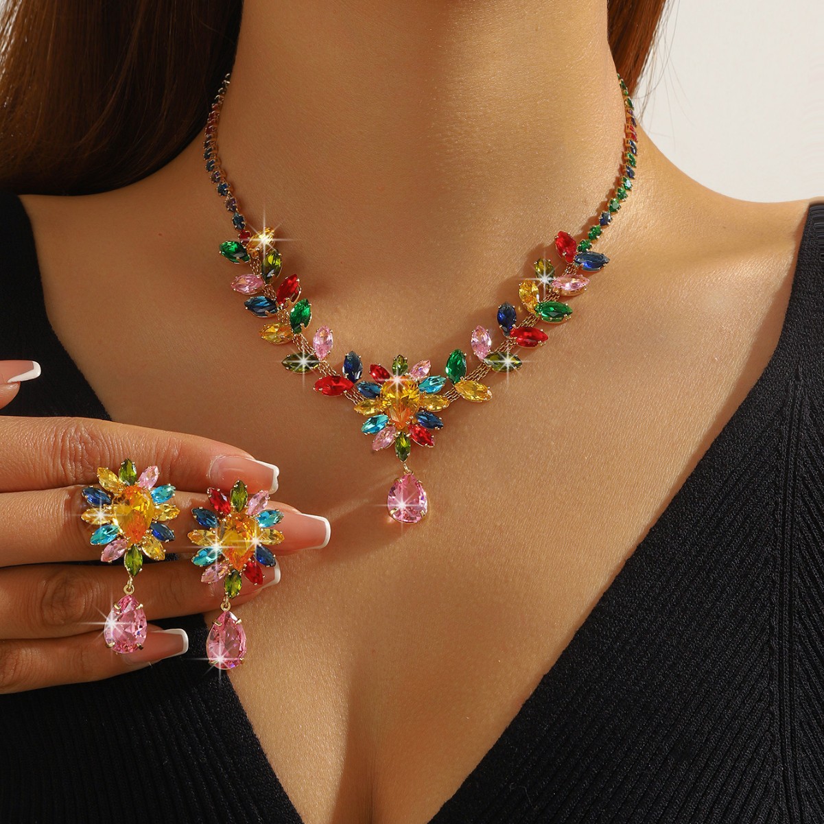 Amazon Bridal Water Drop Leaf Zircon Wedding Jewelry Set Banquet Versatile Light Luxury Rhinestone Necklace Earrings for Women