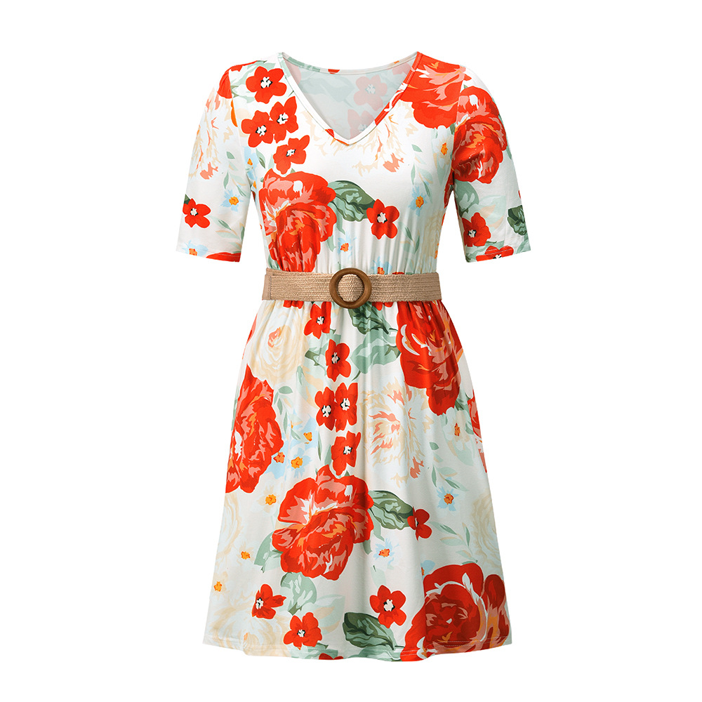 Slim floral printed dress with belt nihaostyles clothing wholesale NSHYG72288