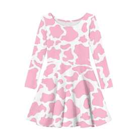 亚马逊跨境春秋粉色斑点牛可爱卡通图案长袖女童连衣裙一件代发