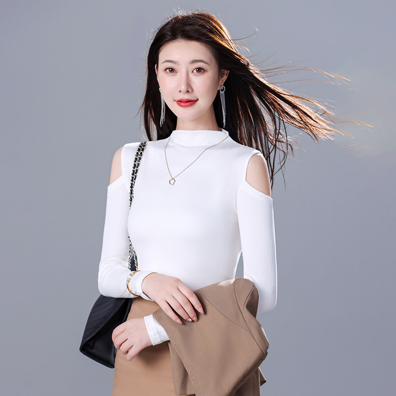 Korean Style Knitted Slim Long-Sleeved Top for Women in Autum New Small Suit with High Elastic Bottoming Shirt Off-Shoulder T-Shirt Ins Korean Style Knitted Slim Long-Sleeved Top for Women in Autum New Small Suit with High Elastic Bottoming Shirt Off-Shoulder T-Shirt Ins