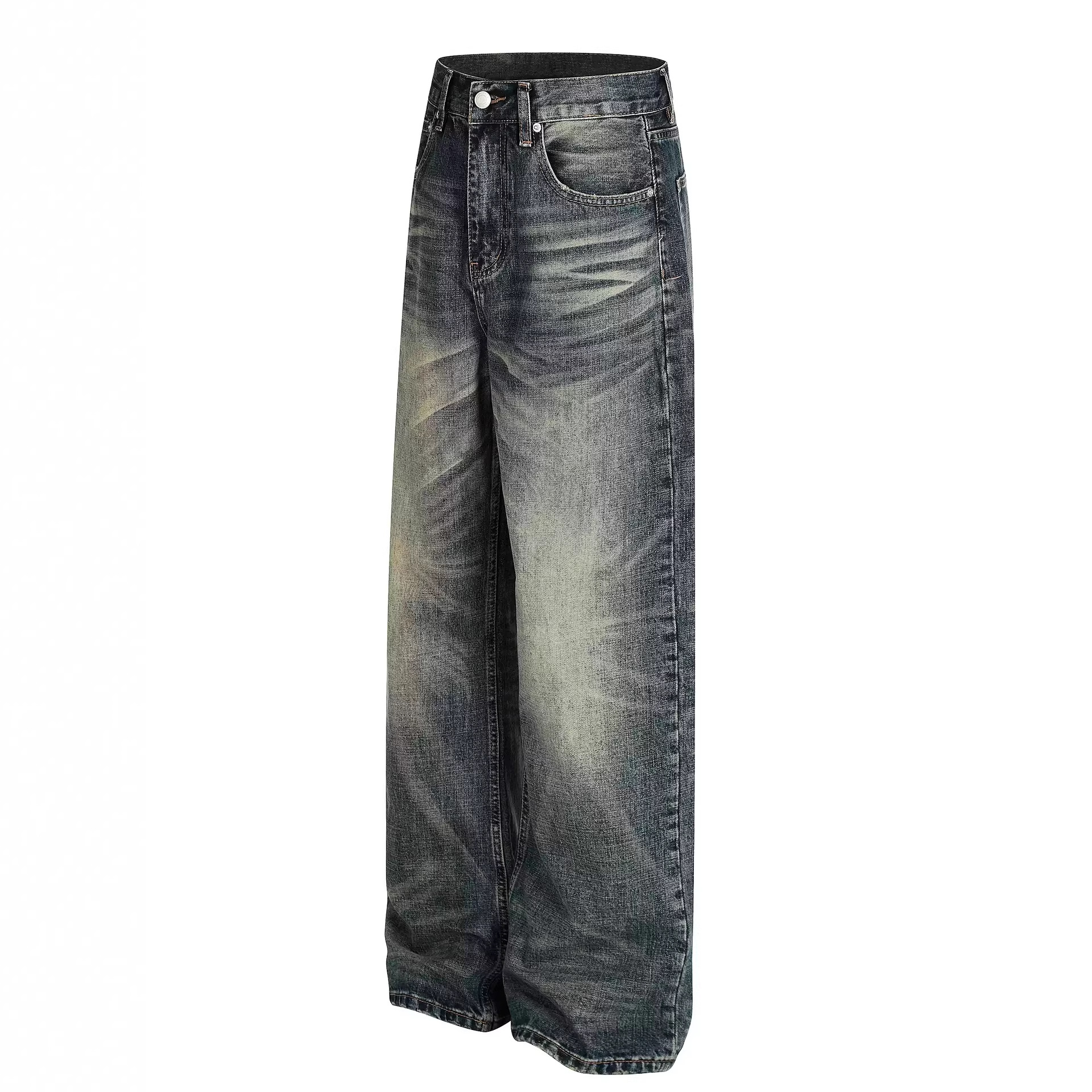 Men's Retro Street Style Distressed Washed Loose Straight Leg Cleanfit Denim Casual Trousers_mkmklike.com