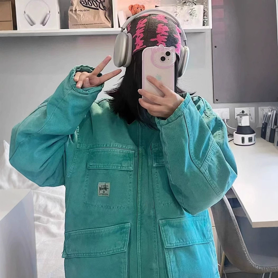 Высокое качество stu Washed Canvas Ретро моется отворот куртка на молнии свободная куртка хлопчатобумажная пара