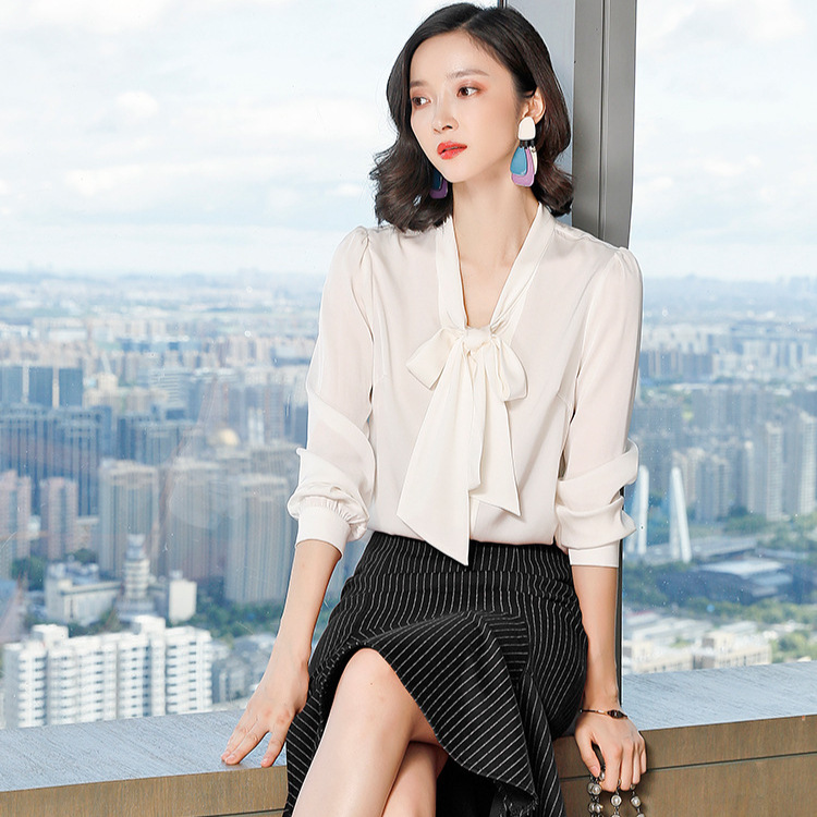 Silk spring fashionable solid color elegant shirt with bow