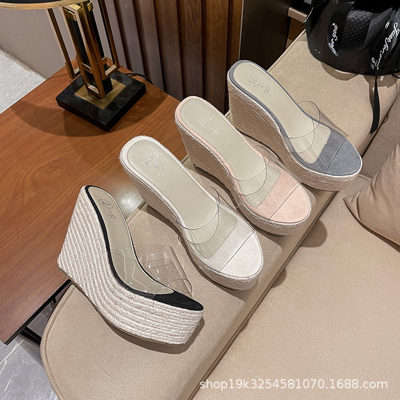 2025 sandalias y pantuflas de tacón de cuña para mujer, bizcocho de verano, cuerda de cáñamo, suela gruesa, zapatos de boca de pez transparente, plataforma impermeable, tacones altos