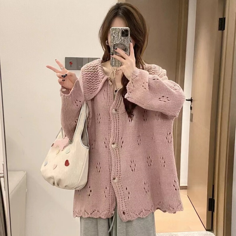 Navy collar hollow French sweater sweater women's autumn and winter 2024 new pink purple soft waxy knitted upper clothes Navy collar hollow French sweater sweater women's autumn and winter 2024 new pink purple soft waxy knitted upper clothes