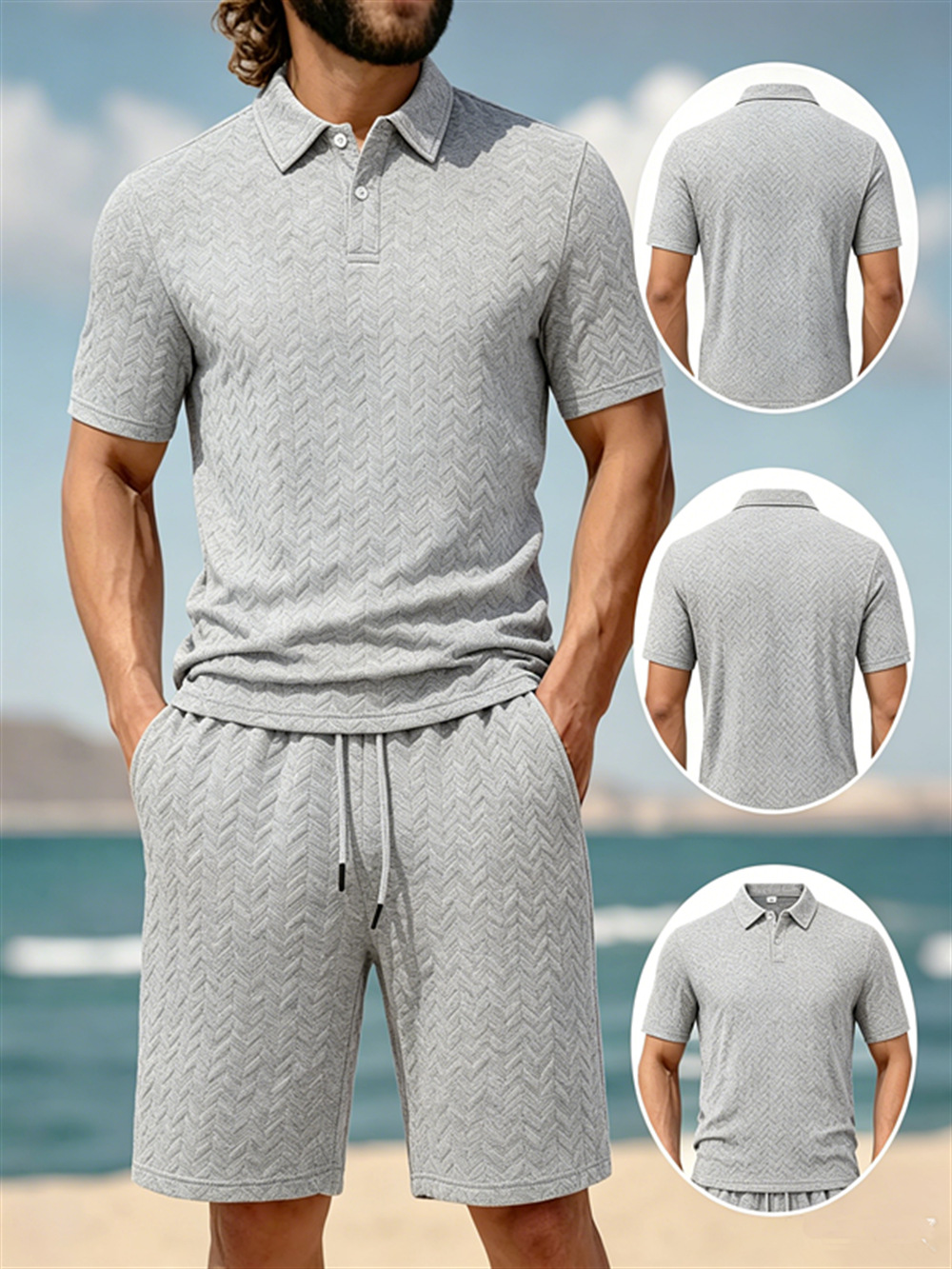 Men's Short Sleeve Polo Shirt Set Jacquard Design Comfort Fit Casual Summer Wear Breathable Polyester Fabric_viptrois.com