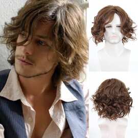 wigs  欧美跨境时尚气质男士棕色卷发化纤假发头套