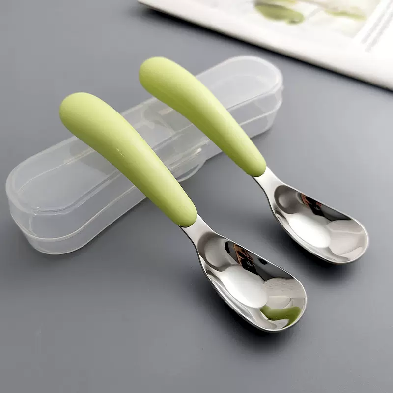 316不锈钢弯柄纯色元宝勺儿童宝宝婴儿喂养辅食勺加厚耐用