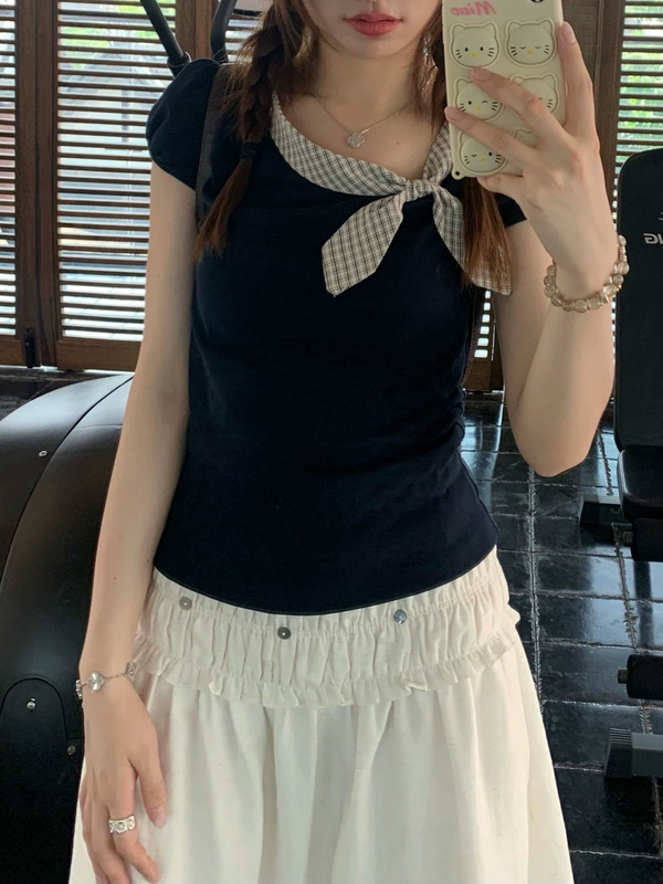 TheDouerr ウサギ耳 かわいい半袖Tシャツ 3色 夏 スリムフィット 右肩トップス 着痩せ|undefined