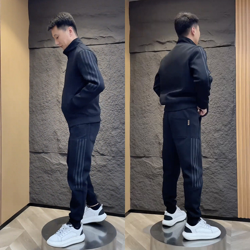 남성 스포츠 레저 세트 패션 칼라 재킷 운동복 투피스 세트의 새로운 기모 간단한 바느질 세트