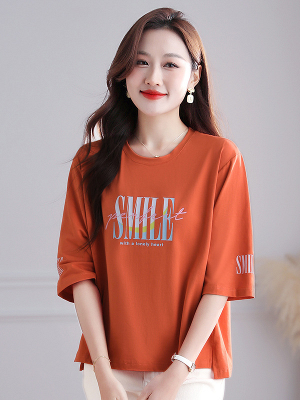 純綿七分袖 Tシャツレディーストップス 2025 新作夏ルーズ半袖スタイル黒ミッドスリーブボトリングシャツ|undefined