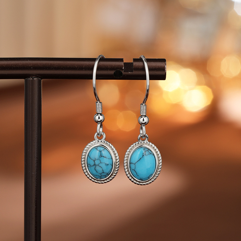 S925 plata esterlina geométrica ovalada pendientes turquesa pendientes retro bohemia europea y americana simple pendientes versátiles