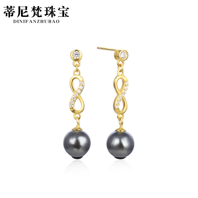 S925 pendientes de plata Corea del Sur elegante negro perla pendientes de las mujeres de largo simple estilo frío pendientes transfronterizos nuevo