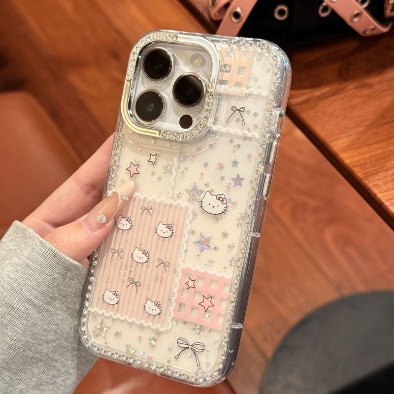 ダイヤモンドフレームkt猫星柄 Apple 17promax対応 高級感スマホケース iPhone16 ネット人気 大きめホールケース|undefined