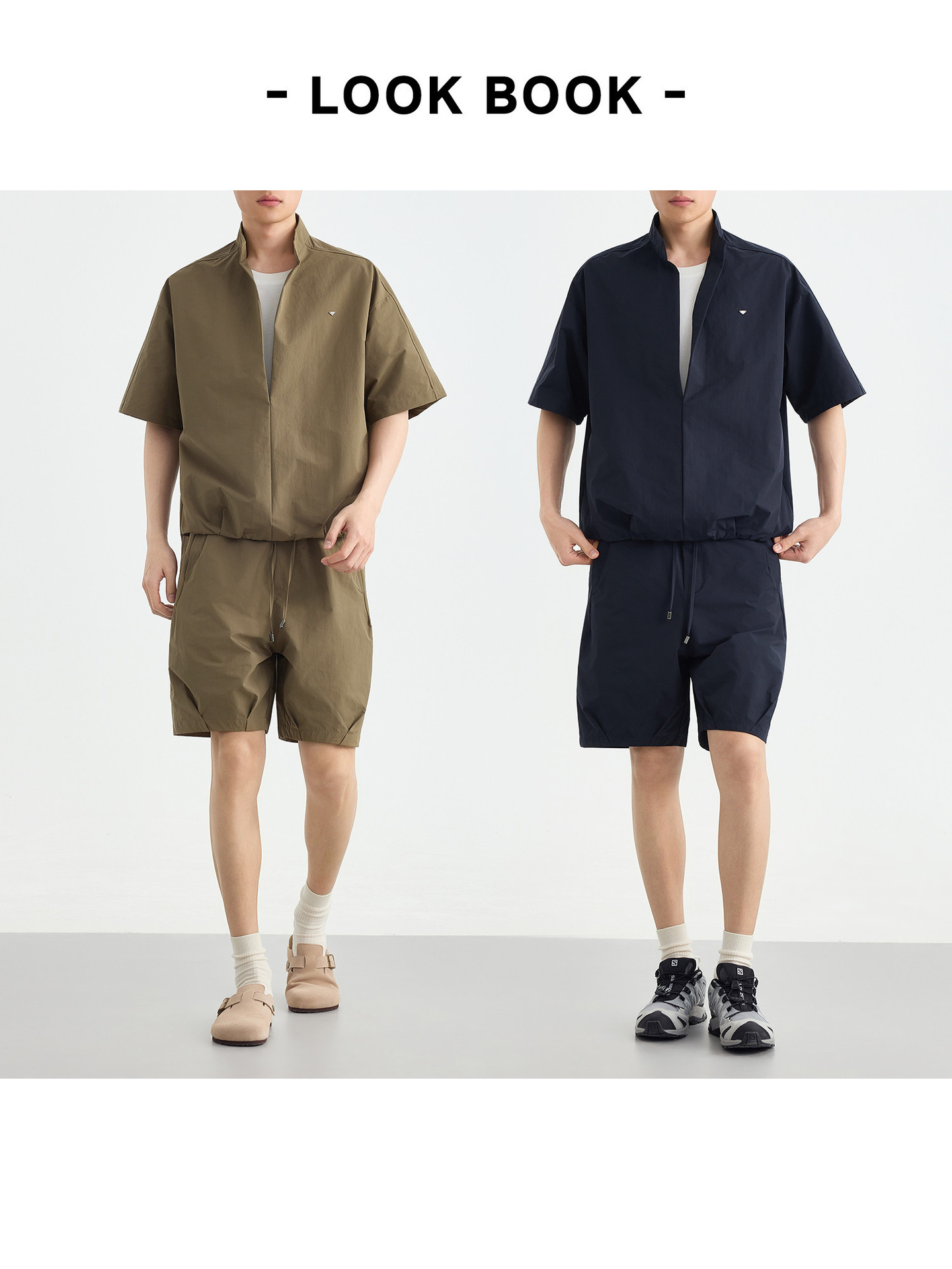 Bộ đồ thể thao nam 2 mảnh áo sơ mi cổ đứng không nút phối quần short — Quần Short Màu Xanh Đen (91680)