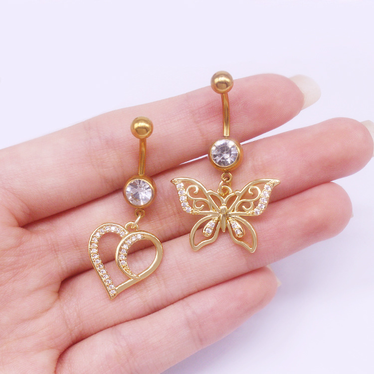 Heart Shaped Butterfly Belly Button Ring With Rhinestones_voghion.com