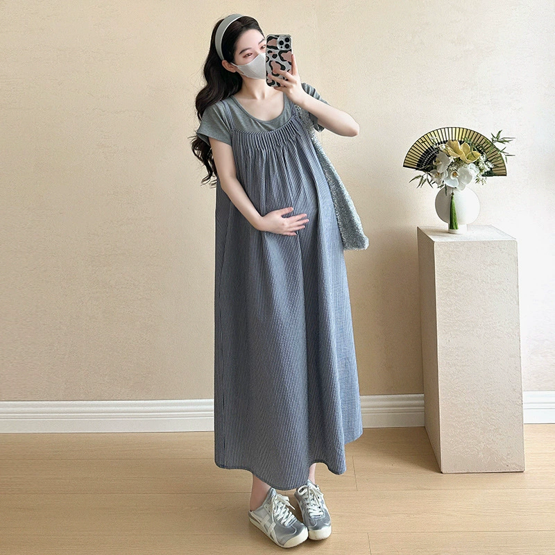 2025 Летний классический топ в полоску с короткими рукавами в полоску подтяжка платья для беременных