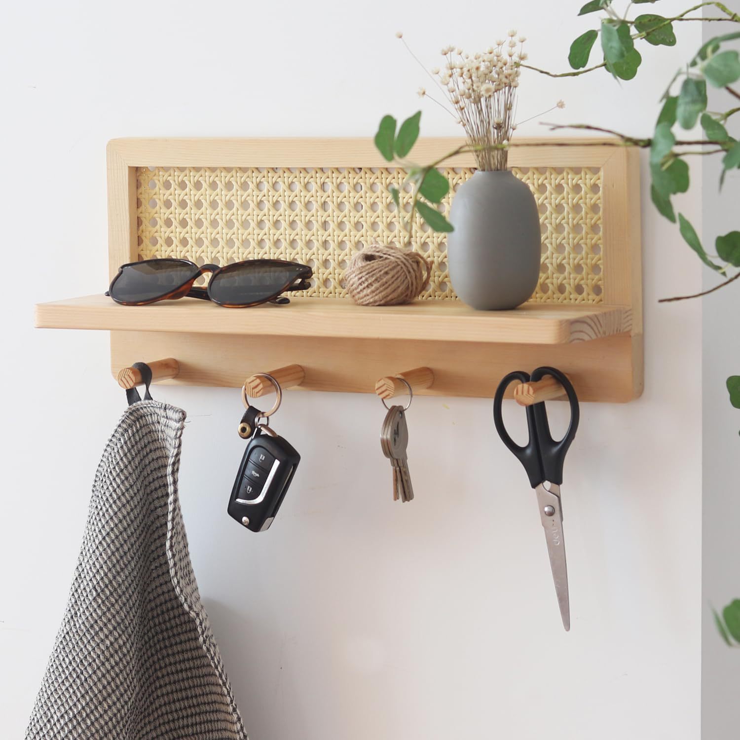 Madera sólida de caña tejida de pared estante de almacenamiento creativo de madera tejida de llave percha de gancho de vestíbulo decoración percha de almacenamiento de ropa