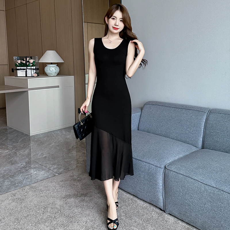 Женское платье-жилет без рукавов, весна-лето 2025, новое черное, дизайнерское, из шифона, средней длины, юбка-миди, юбка, закрывающая бедра