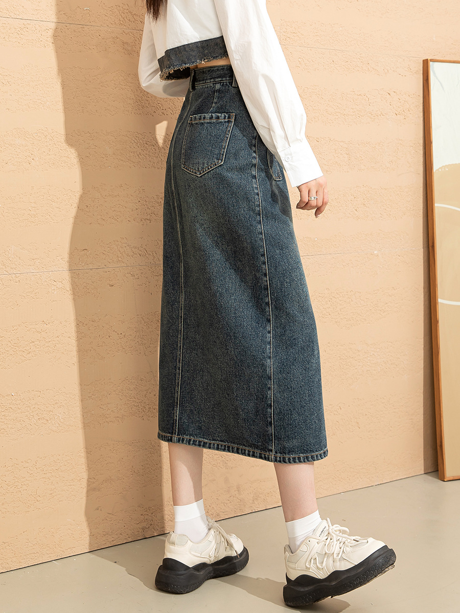 Chân váy denim cạp cao chữ A dáng dài vừa phong cách cổ điển tôn dáng — Màu xanh lam